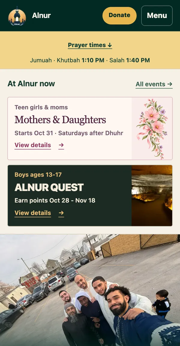 alnurmasjid.org on a phone: the donate button, Jumuah times and current programs.